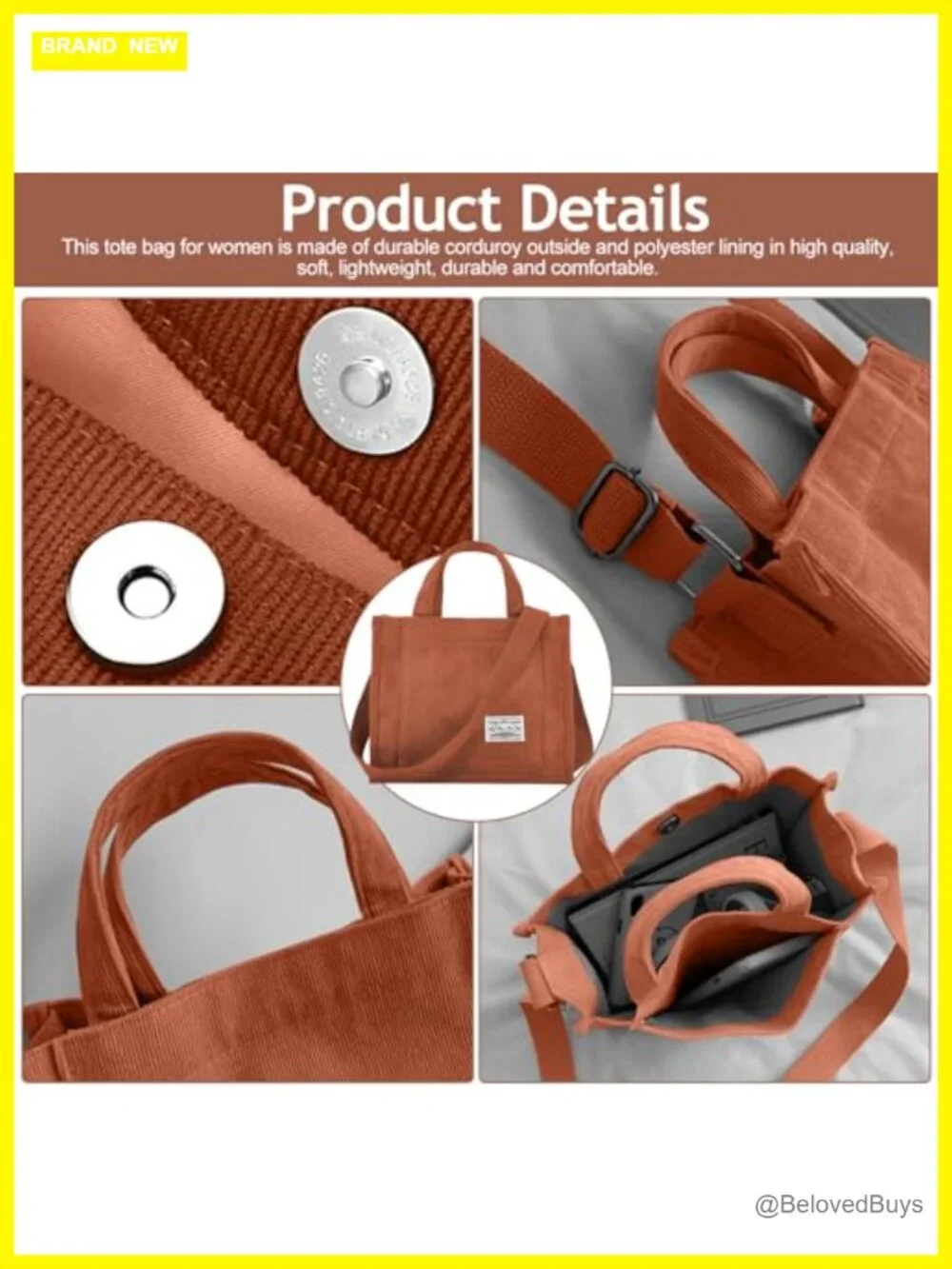 Corduroy Crossbody Tote Bag Purse Travel Work Handbag